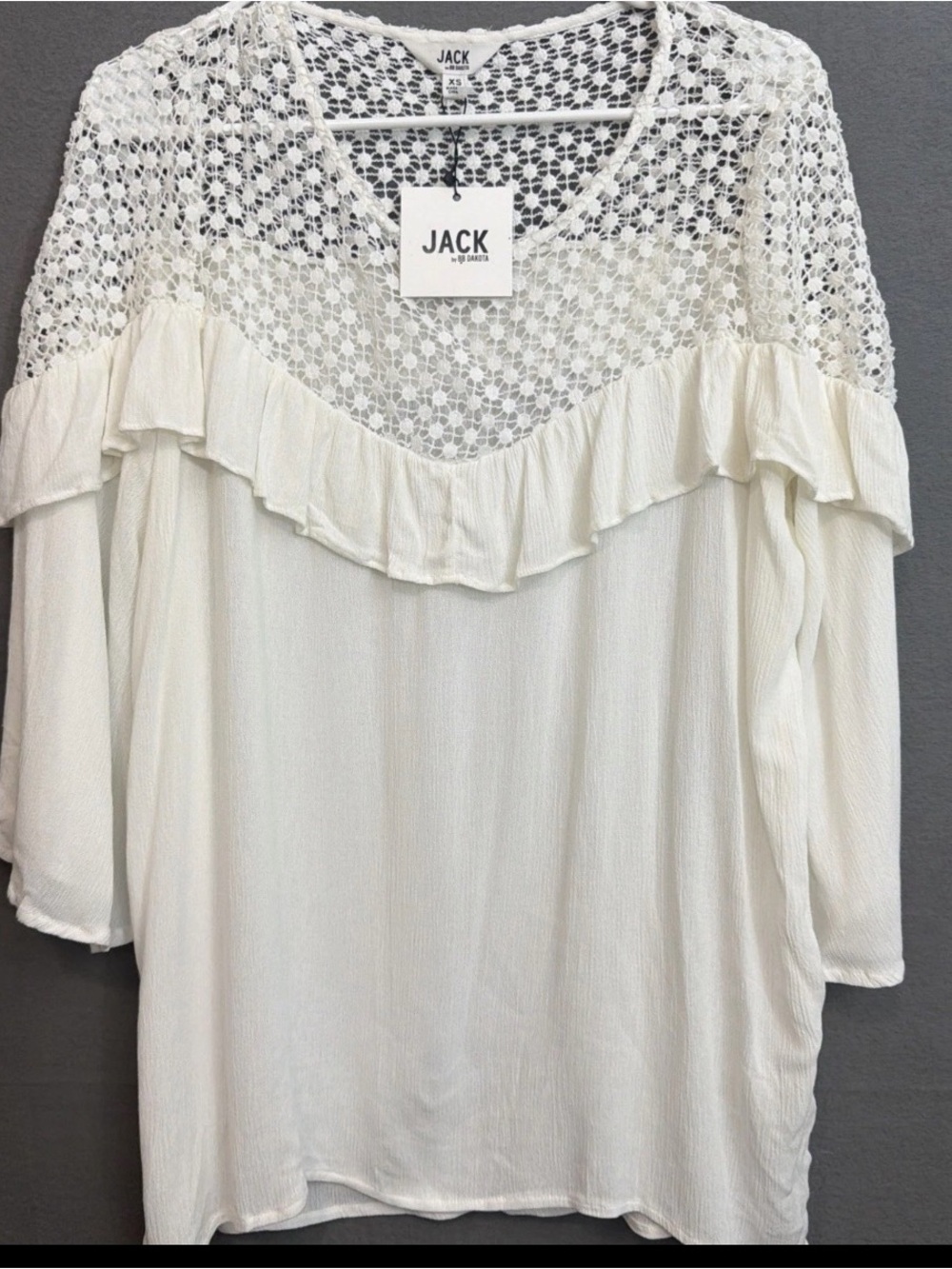 Jack by BB Dakota Oversized relaxed White Boho Crochet Lace Ruffle Blouse XS NWT